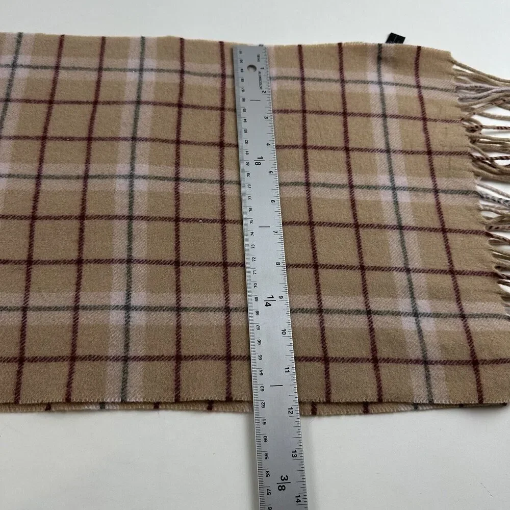 Enzo Montavani Cashmere Scarf Tan Burgundy Plaid Fringe 60